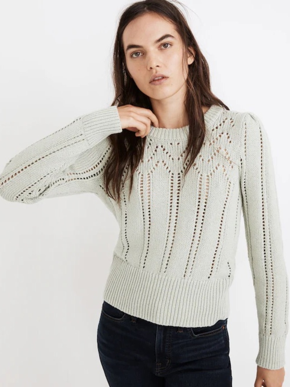 Madewell Pointelle Puff-Sleeve Cotton Sweater in
Sage Mist